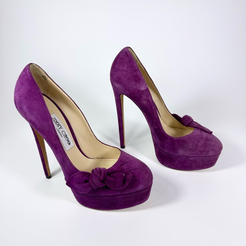 Jimmy Choo Purple Suede Bow Platform Pumps